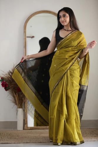 Image of Women's Cotton Woven Soft Sarees With Attach Blouse Piece.