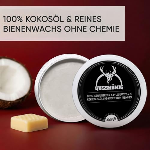 GUSSKÖNIG Gusseisen Pflegepaste 250 ml – Made in Germany – 100% natürliche Pflege mit Bienenwachs & Kokosöl – für Dutch Oven, BBQ & Kazan Gusseisen – Einbrennen & Rostschutz für Pfannen & Grillplatten