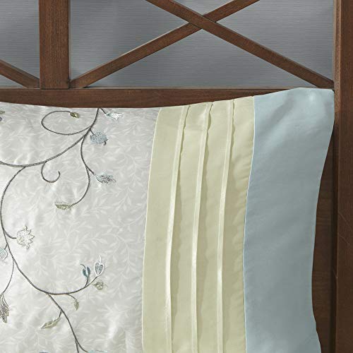 Madison Park Serene Faux Silk Comforter Set - Floral Embroidery Design, All Season Bedding Set, Matching Bed Skirt, Decorative Pillows, Aqua King(104"X92") 7 Piece #TOP7