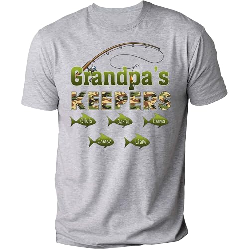 Personalized Grandpa Shirt, Grandpa's Keepers Shirts Custom Kids Names, Customized Tshirt for Men with Camouflage Pattern Fishing, Fathers Day Fishing Tees Gifts for Husband Dad Daddy Papa Fisherman