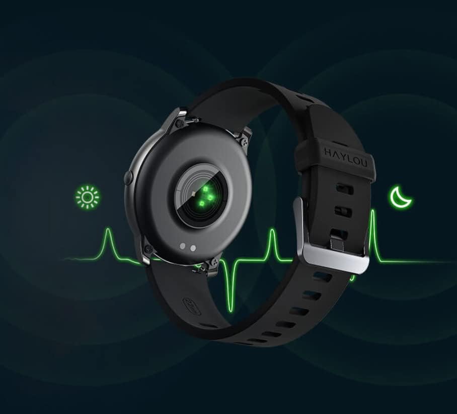 Back of Haylou Solar LS05 Smartwatch showing green light from heart rate sensor