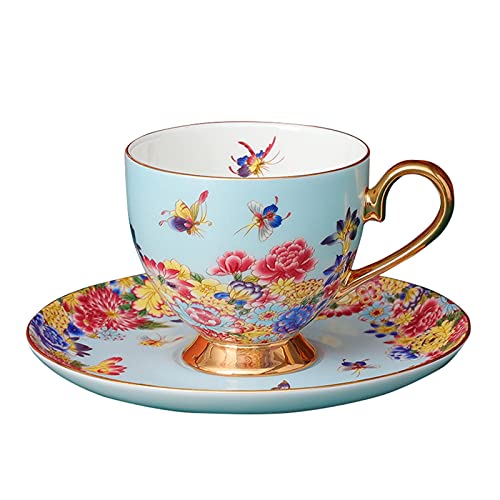 Fanquare Set Tazzine Caffè E Piattino In Bone China Di Farfalla, Vintage Tazza Da Tè In Porcellana, Blu