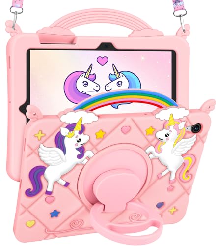 Uppuppy for Galaxy Tab S10 FE 5G Case/Tab S9 FE Case - Cute Cartoon Kawaii Unicorn Teen Girls Women Tablet Cover with Rotating Stand & Strap Soft Silicone Funda for Samsung Tab S9FE/S10FE 10.9 Inch