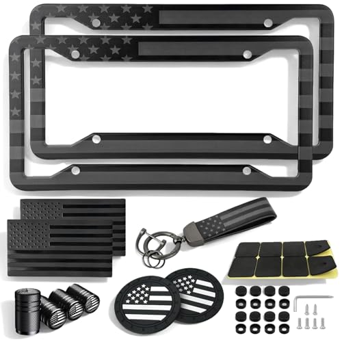 American Flag License Plate Frames Holder - 2 Pack Stainless Steel Rustproof USA Patriotic Car Tag Cover Holder with Free Screws Accessories + Metal Stickers & Keychain & Cup Holder Mats Black Gray