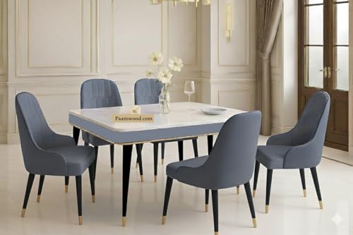 Image of Swiss Modern Dining White Marble Top Table Set with Sheesham Wood Legs, 6 Seater with Upholstered Chairs (71x36x30 Inches) (Grey)