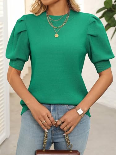 Image of Ahtyeo Women's Puff Short Sleeve Sweater Tops 2025 Spring Summer Trendy Crew Neck Casual T Shirts Pullover Blouses