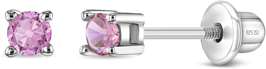 In Season Jewelry CZ Round-Shaped Kids Earrings - 925 Sterling Silver Hypoallergenic Earrings for Girls with Secure Screw Backs - Safe & Comfortable for Toddlers, Kids & Little Girls