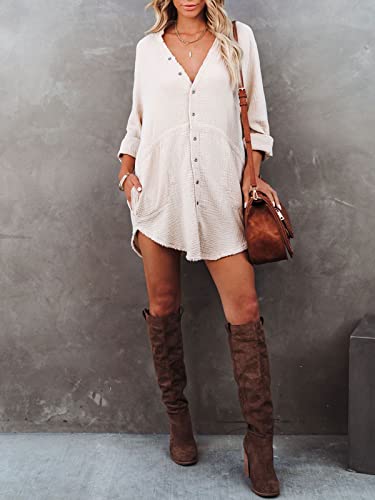 Paintcolors Women's Long Sleeve Cotton Button Down Tunic Dresses Beach Cover-Ups Oversized Blouse Tops With Pockets-Apricot Xxl #TOP4