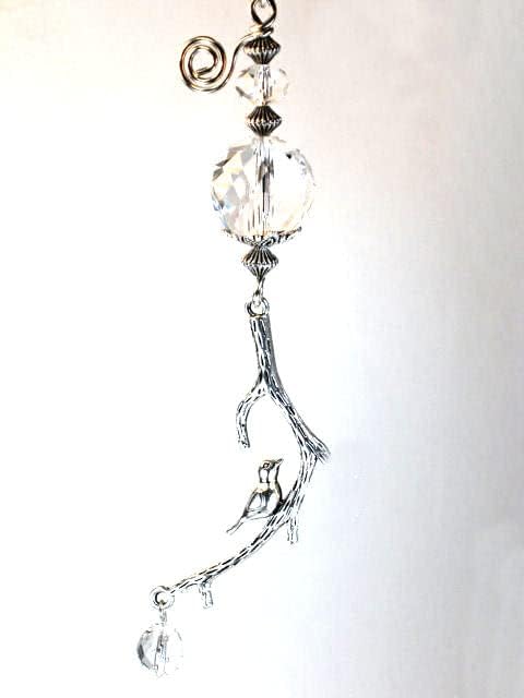 Trace Ellements Silvery Sweet Bird on a Tree Branch Clear Faceted Glass Ceiling Fan Pull Chain