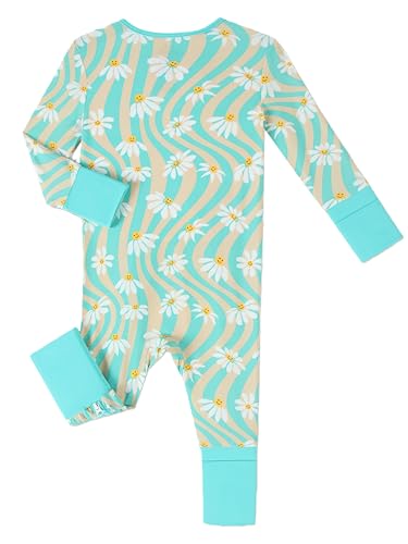 Joonberry Infant Baby Girl Clothing Bamboo Rayon Footies, Newborn outfit Footed Long Sleeve Jumpsuit with Zipper and Mitten Cuffs (Chrysanthemum Wavy, 1-3M) — view 2