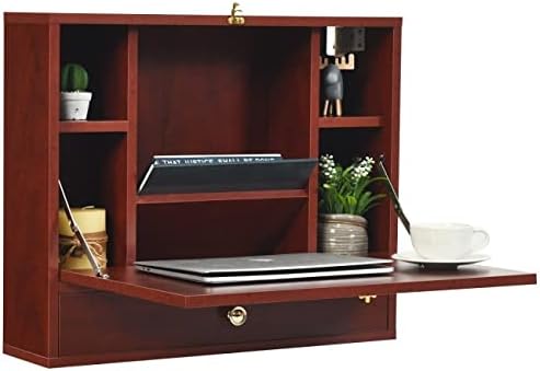 Folding Wall Mounted Laptop Desk Hideaway Organizer Storage Space Saver with Drawer (Brown)