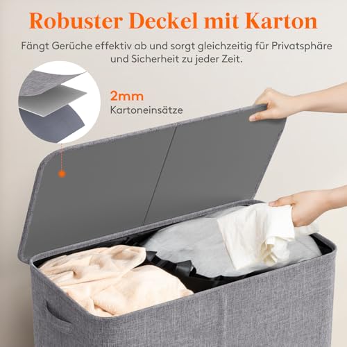 Lifewit 145L Wäschekorb 2 Fächer, Wäschesammler mit Deckel, Wäschekorb Wäschekörbe Groß 2 Abnehmbarem Wäschesack, Laundry Baskets mit Griffen, Waschenkorbe Wäschetonne Wäschesortierer,Hellgrau