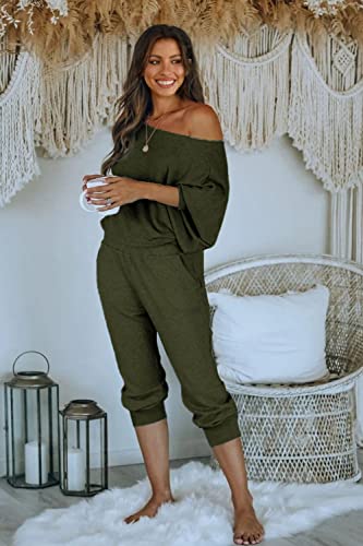 Prettygarden Women's 2 Piece Ribbed Tracksuit Outfits Off Shoulder Long Sleeve Pullover Long Pants With Pockets (Army Green,Small) #TOP4