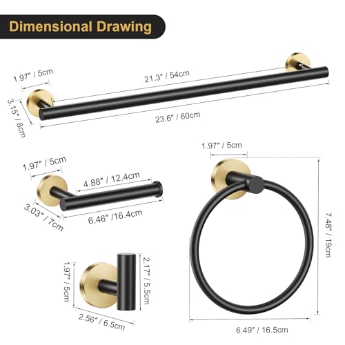 Lairuier Black and Gold Bathroom Hardware Accessories Set, 5 Pieces Towel Bar Set Stainless Wall Mounted Towel Bar Set by Lairuier - Used condition - Image 6