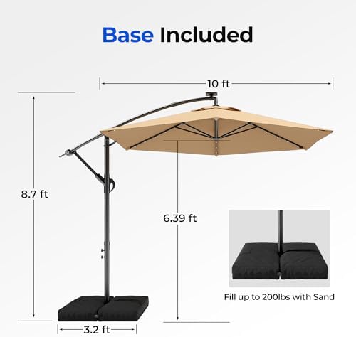 HOMSHADE 10FT Offset Patio Umbrella with Solar Lights, Outdoor Patio Umbrella with Base Included, Easy Tilt and UPF50+ Cantilever Market Hanging Umbrellas for Pool, Deck, Garden, Patio (Beige)