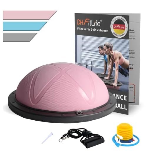 DH FitLife Balance Ball, Yoga Gleichgewichtstrainer Φ60*22cm bis 200 KG belastbar, halber Gymnastikball Fitness Balance Board, Balance-Board mit Pumpe und 2 Fitnessbändern, Rosa