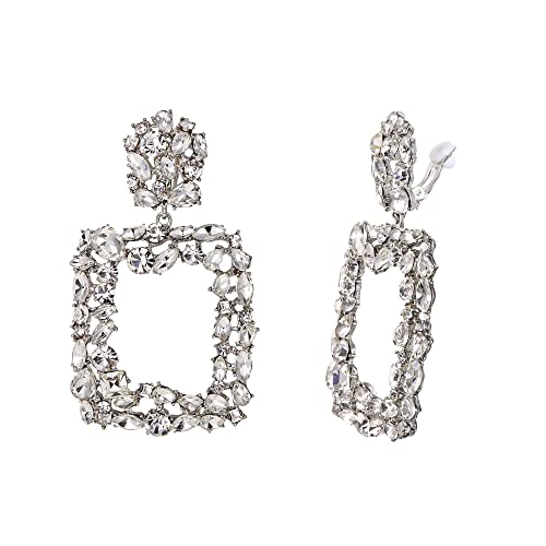 EVER FAITH Strass Rechteck Ohrclips Geometrische Statement Tropfen Ohrringe Clip-on für Damen Mädchen Schillernde Klar Silber-Tone Cover