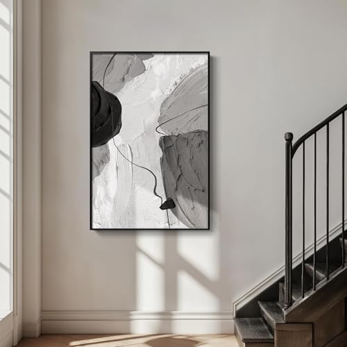 JACBON Tableau minimaliste gris, grand format, noir et blanc, moderne, abstrait, vertical, pour salon, impression sur toile 40 x 60 cm (16 x 24 pouces) avec bordure noire.