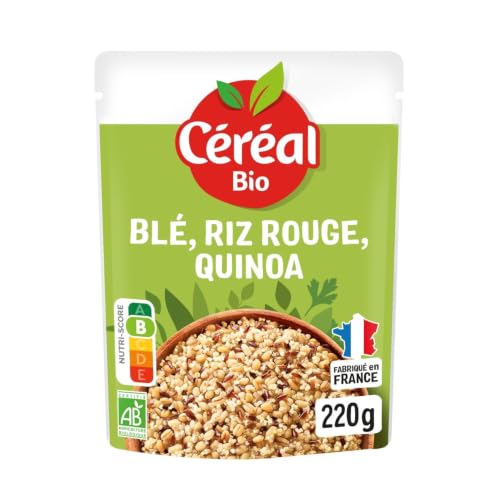 CÉRÉAL BIO – Blé, Riz Rouge & Quinoa Bio – Trio de Céréales Bio au Naturel – Repas Prêt à Réchauffer en 2 min – Riche en Fibres & Protéines – Sans Additifs – Nutriscore A – 250 g