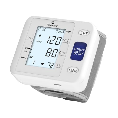P PANACARE Wrist Blood Pressure Monitor for Home Use, Large LCD Backlit Display, Portable and Lightweight, 298 Memory Storage for 2 Users with Carrying Case