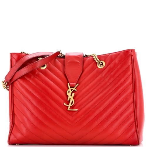 Saint Laurent Pre-Loved Classic Monogram Shopper Matelasse Chevron Leather Large, Red