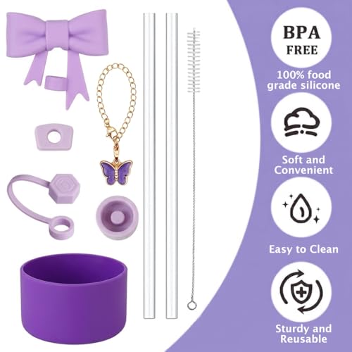 Image of HASTHIP 9Pcs Tumbler Accessories Kit for Stanley Cup Accessories Charm Set Kit Cute Bow Straw Cap, 2 Straight Straws, Cleaning Brush, Butterfly Handle Charm, Cup Bottom Sleeve