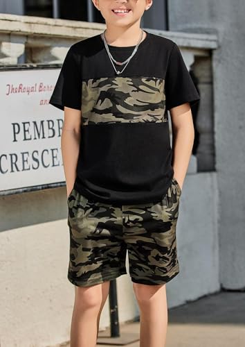 Arshiner Jungen Tshirt mit Short Set Sommer Freizeit Bekleidungssets Kurzarmshirt Zweiteiliges Farbblock-Mode Outfits für Jungen 10-11 Jahre
