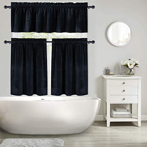 Haperlare Small Kitchen Tiers 36 Inches, Solid Soft Velvet Rod Pocket Curtain Valances Thermal Insulated Window Drapes Home Decoration Light Block Window Coverings Cafe Curtains, Black, Set Of 2 #TOP6