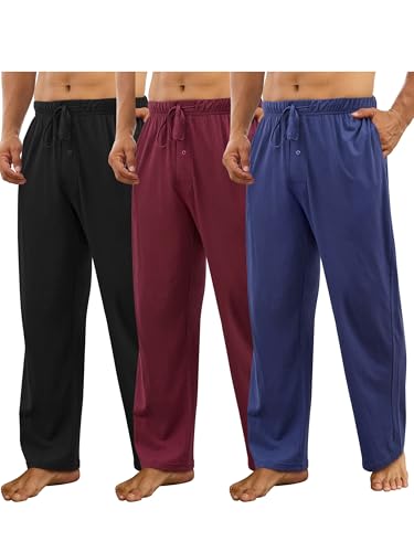 3 Pack Mens Cotton Pajama Pants, Lightweight Lounge Pj Bottoms for Men Soft Sleep Pants with Pockets & Drawstring