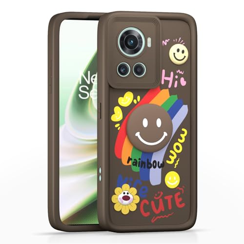 Image of Pikkme Back Cover for OnePlus 10R 5G | Soft Silicone| Cute Rainbow Smile & 3D Cartoon Flower Design | Shockproof Raised Camera Protection Bumper Case (Brown)