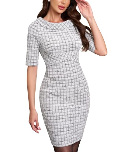 M.Infisavo Women’s Boat Neck Tweed Bodycon Dresses Half Sleeve Pencil Dress