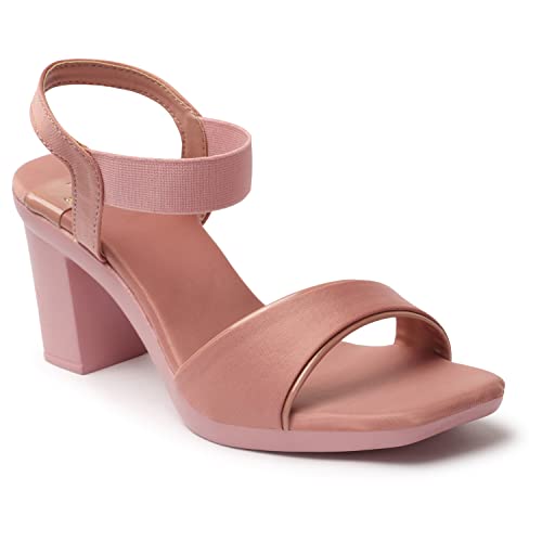 Image of XE Looks Women's Peach Stylish Block Heels | Open-Toe Sandals with Elastic Support | Anti-Skid Sole & Cushioned Footbed Block Heels For Girls & Women
