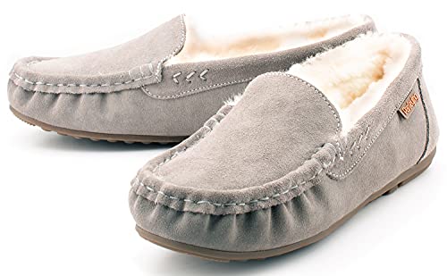 Parfeying Women's Sheepskin Moccasin Slippers Cow Suede Memory Foam Driving Style Indoor Outdoor Loafers,L20102 Grey 10Us #TOP6