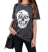 Veatzaer Summer Cotton Graphic Shirts Womens Short Sleeve Crewneck Tees Skull Distressed T Shirt ...