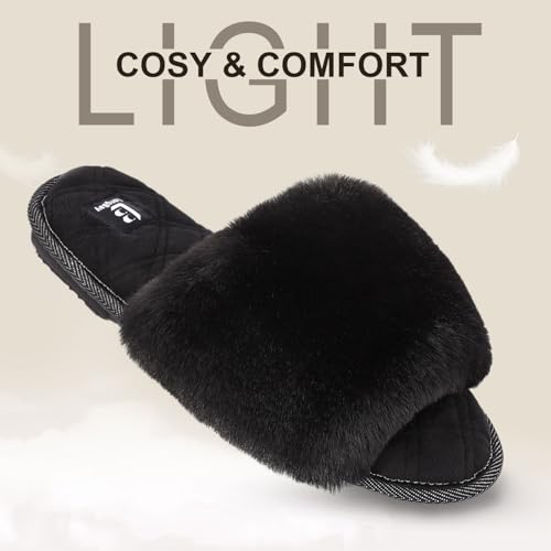 LongBay Women's Open Toe Slippers Fuzzy Fluffy Memory Foam Comfy Slip On Indoor Bedroom Home Slide (Medium / 7-8, Black)