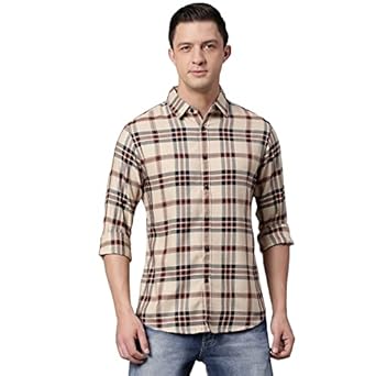Buy Dennis Lingo Men's Checkered Slim Fit Casual Shirt with Curved Hemilne & Spread Collar at 