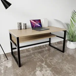 Riyan Luxiwood Kloster Study Table with Open Storage, Table for Spaces 47.2 inch Modern Simple Style Desk for Home Office, Study Student Writing Desk, Black Metal Frame, Easy to Assemble- Beige