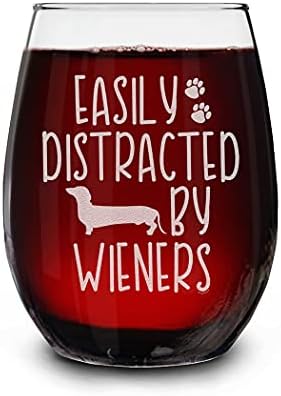 shop4ever® Easily Distracted By Engraved Stemless Wine Glass Funny Dachshund Weiner Dog Mom Gift