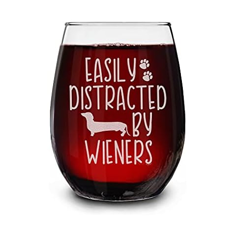 shop4ever Easily Distracted By Wieners Engraved Stemless Wine Glass 15 oz. Funny Dachshund Weiner Dog Mom Gift Cover