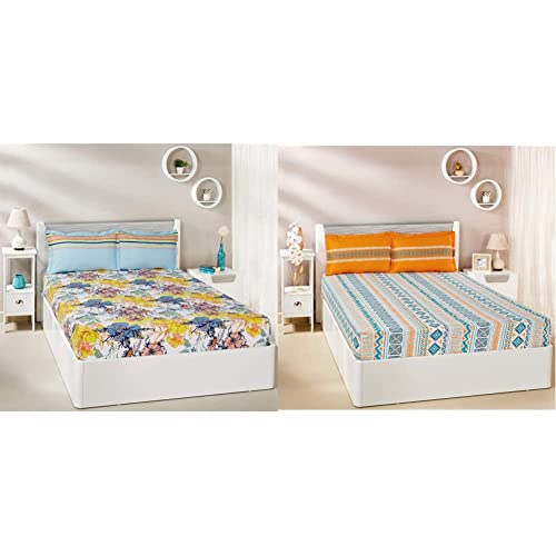 Image of Amazon Brand - Solimo Floral Splash 144 TC 100% Cotton Double Bedsheet with 2 Pillow Covers, Peach Fuzzy Strings 144 TC 100% Cotton Double Bedsheet with 2 Pillow Covers, Orange Combo