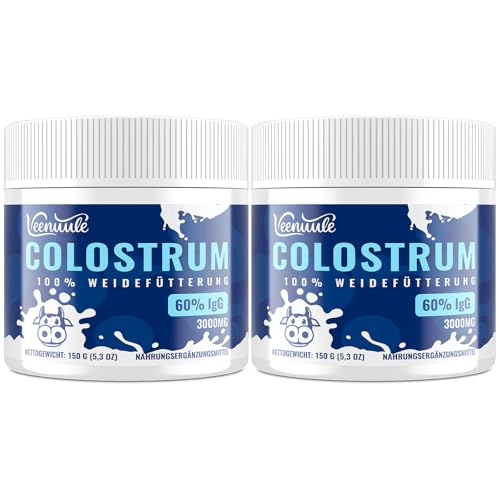 Veenuule Colostrum Pulver 3000MG, mit 60% Natürliche IgG (Immunglobuline), Weidemilch-Kuhkolostrum, Nicht-GVO, Geschmacksneutral, 50 Portionen (2er Pack)