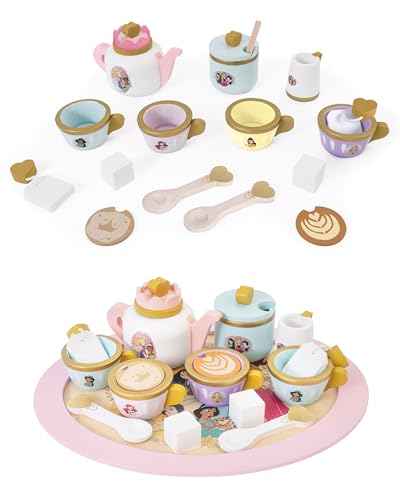 Disney Princess Wooden Tea Set Pretend Play Tea Party Toy for Kids Includes Teapot Cups Saucers Spoons & Tray Imaginative Role Play Set for Girls & Boys Ages 3+ Pink