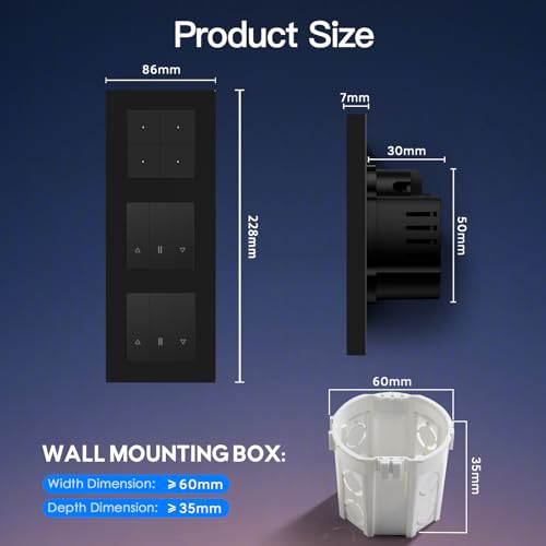 BSEED Smart Lichtschalter mit Doppel WLAN Rollladenschalter,Smart Jalousien Schalter,PC Rahmen,Ben&ouml;tigt Nullleiter,WiFi Rolladen Zeitschaltuhr,kompatibel mit Alexa/Google Home,4 Fach 1Weg,Schwarz