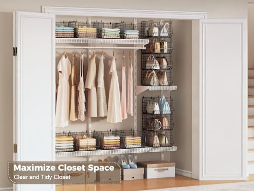 4" Extra Deeper Hanging Closet Organizers and Storage,4 Tier Foldable Wire Cabinet Shelves with 5 S Hooks,Small Metal Basket Bins for Clothes Sweaters Handbags, Wardrobe for Kitchen Laundry Room，Black by X-cosrack - Used condition - Image 8