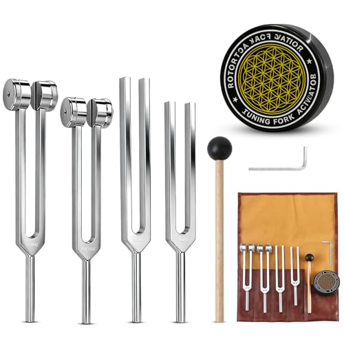 Tuning Forks for Healing Set (128Hz, 136.1Hz, 256Hz, 384Hz) with Activator & Wooden Mallet, Chakra Healing, Sound Therapy, Reiki, Yoga, Energy Balancing Tools