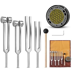 Tuning Forks for Healing Set (128Hz, 136.1Hz, 256Hz, 384Hz) with Activator & Wooden Mallet, Chakra Healing, Sound Therapy, Reiki, Yoga, Energy Balancing Tools