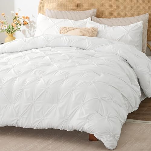 3-Piece White Queen Comforter Set - Boho Pintuck Bedding, Lightweight Soft & Warm, with 2 Pillowcases for All Seasons
