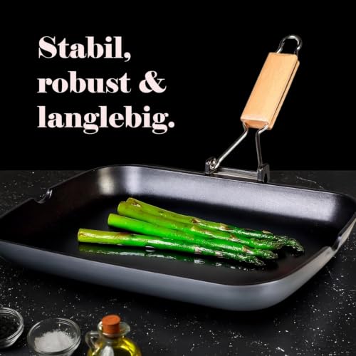 Foto von WECOOK! Ecostone Grillpfann Induktion Gewellt, 34 x 24 cm, Antihaftbeschichtung ILAG PFOA-frei, Aluminiumguss, 5mm Dick, Klappbarer Holzgriff, Vitrokeramik, Gas