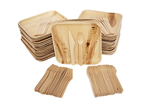 Eco Only Disposable Party Pack Of 150 | Eco-Friendly Palm Leaf Plates With Cutlery | 50 Disposable 8" Square Palm Leaf Plates, 50 Wood Forks, 50 Wood Knives Heavy Duty Biodegradable Party Utensils #TOP24