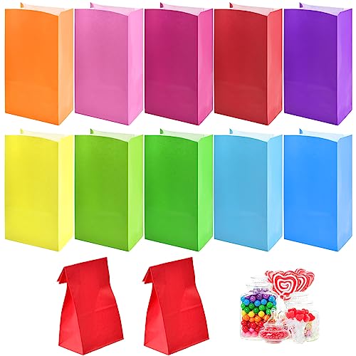 50 Pieces Solid Color Unpatterned Paper Party Bags, Rainbow Party Treat Paper Sweet Bags, Children Kraft Paper Party Bags for Kids Party, Birthday, Celebrations, Halloween, Christmas, 13x8x24cm